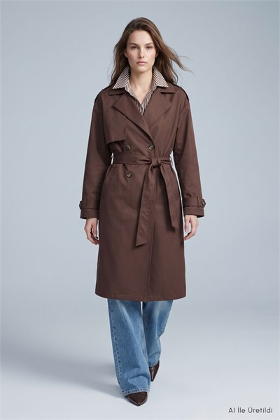 Kadın Dış Giyim-Kadın Trençkot-Çift Düğmeli Oversize Trençkot 277 Kahve-rulem