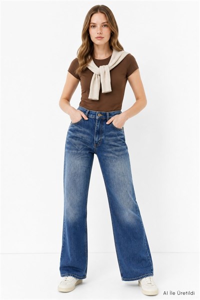 Kadın Jean/Denim-Kadın Jean Pantolon-Bol Paça Pantolon 1062 Açık Mavi-rulem