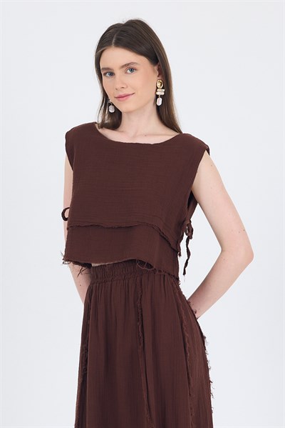 Kahve %100 Pamuk Yan Bağlama Detaylı Müslin Bluz 7041