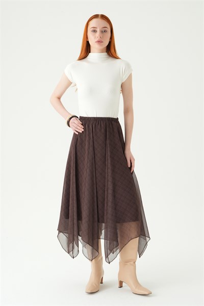 Kahve Asimetrik Şifon Etek 8459A