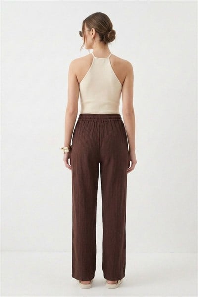 Kahve Bel Lastikli Geniş Paça Pantolon 8056A