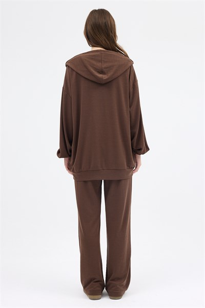 Kahve Cepli Kapüşonlu Tunik Pantolon Takımı 8105A