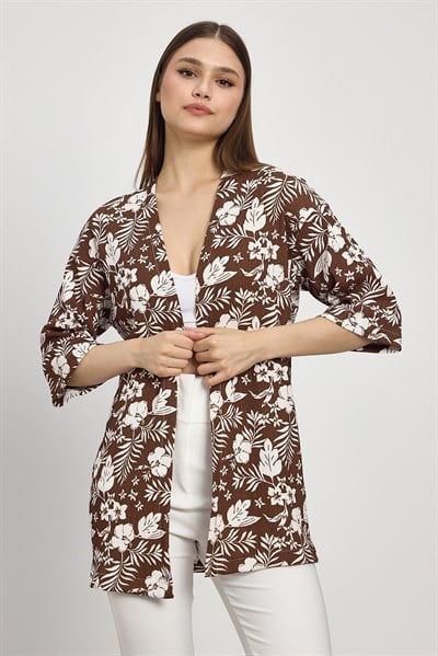Kahve Çiçek Desen Fakir Kol Kimono 4463A