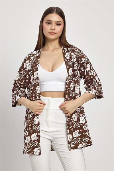 Kahve Çiçek Desen Fakir Kol Kimono 4463A