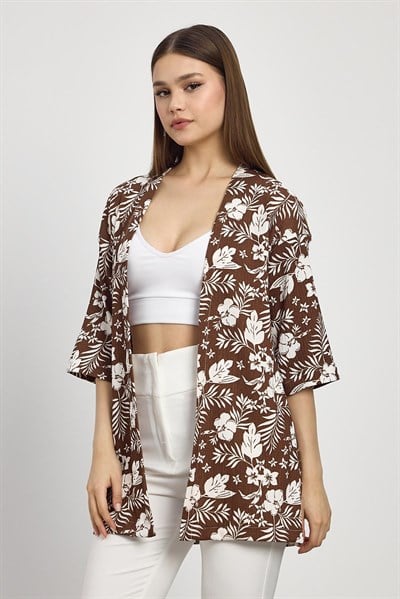 Kahve Çiçek Desen Fakir Kol Kimono 4463A