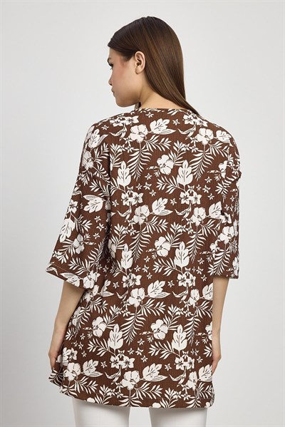 Kahve Çiçek Desen Fakir Kol Kimono 4463A
