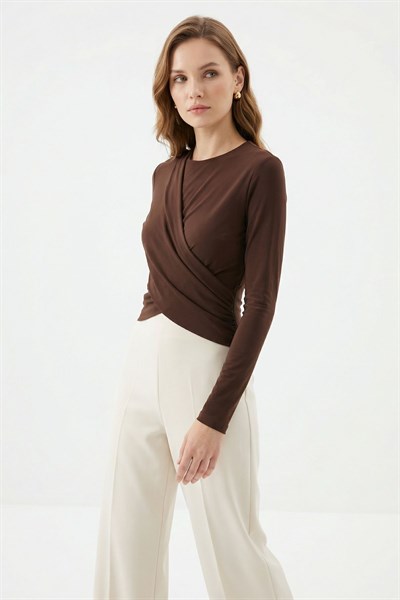 Kahve Crop Uzun Kol Bluz 251269