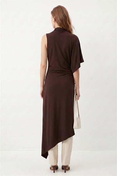 Kahve Dik Yaka Asimetrik Kesim Uzun Tunik 261659