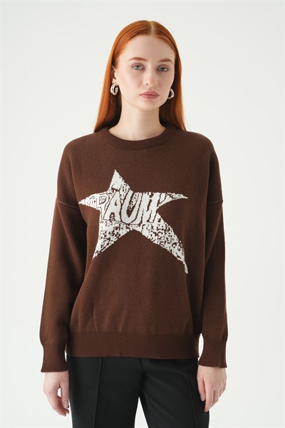 Kahve - Ekru Yıldız Baskılı Oversize Kazak 2474