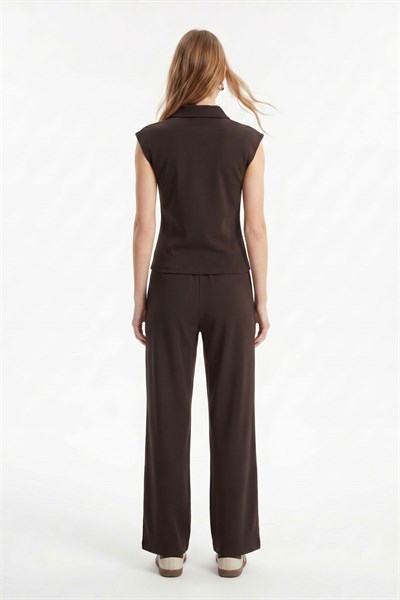 Kahve Fermuarlı Bluz Pantolon Takım 2796