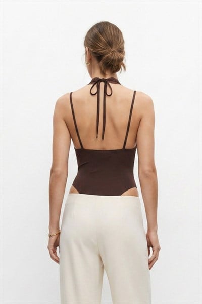 Kahve İnce Askılı Dantel Detaylı Çıtçıtlı Bodysuit 3235