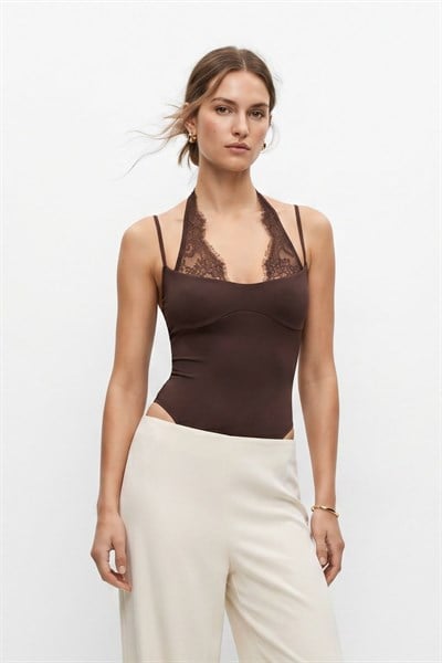 Kahve İnce Askılı Dantel Detaylı Çıtçıtlı Bodysuit 3235