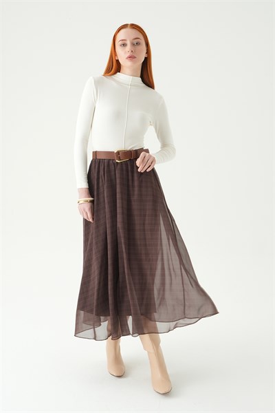 Kahve Kemerli Şifon Etek 8458A