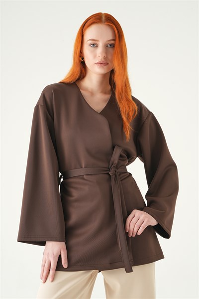 Kahve Kuşaklı Geniş Kol Kimono 3068A