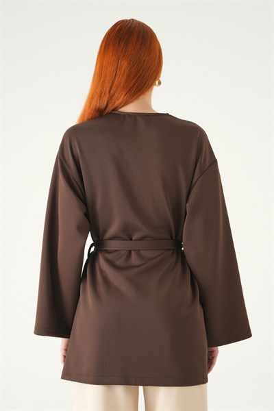 Kahve Kuşaklı Geniş Kol Kimono 3068A
