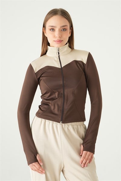 Kahve Ön Şeritli Fermuarlı Sweat 8325A