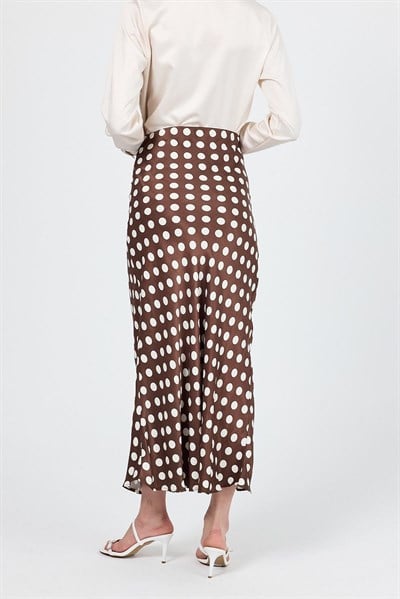 Kahve Puantiye Desen Saten Midi Etek 9416