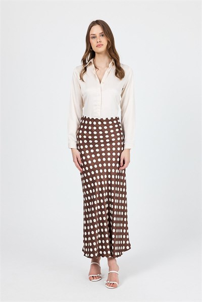 Kahve Puantiye Desen Saten Midi Etek 9416