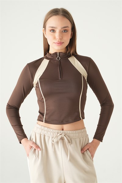 Kahve Şeritli Fermuarlı Sweat 8326A