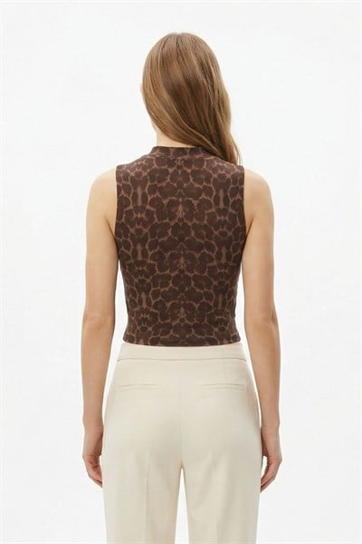 Kahve Sıfır Kol Leopar Desen Bluz 2841