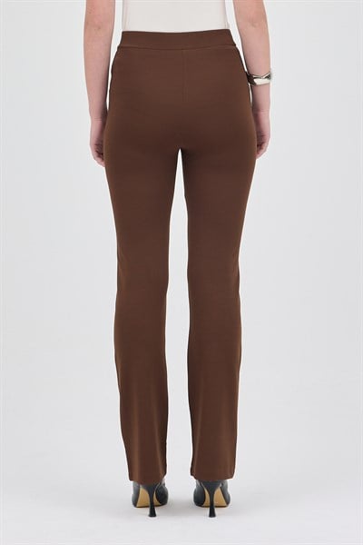 Kahve Straight/Düz Kesim Yüksek Bel Nervür Dikişli Örme Pantolon TCR-6873A