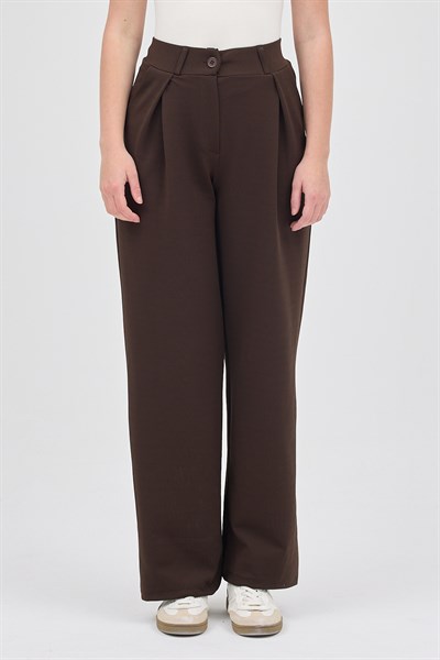 Kahve Tek Düğmeli Pensli Kadın Pantolon 5011