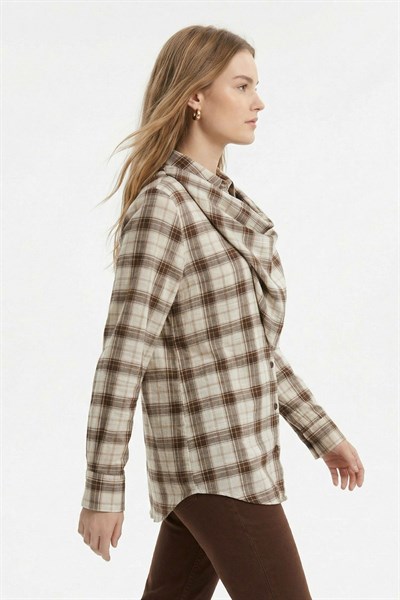 Kahve Üçgen Fularlı Oversize Ekose Gömlek 5484