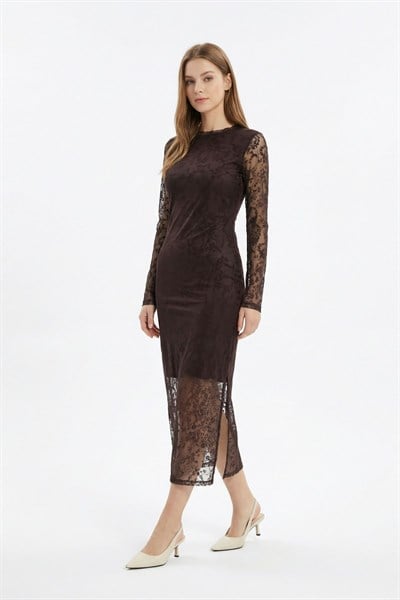 Kahve Uzun Kalem Elbise 8517A
