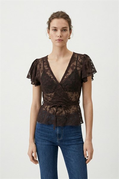 Kahve Yandan Bağlamalı Dantelli Bluz 0148