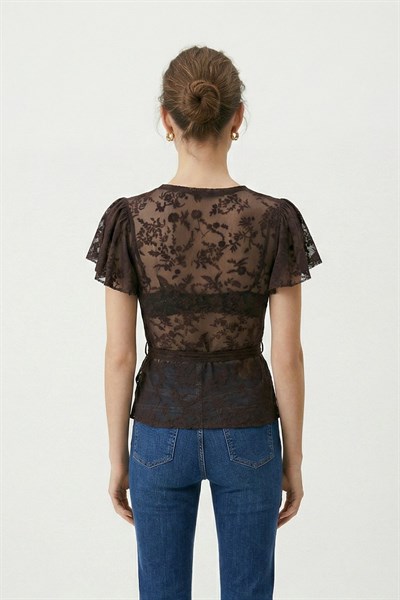Kahve Yandan Bağlamalı Dantelli Bluz 0148