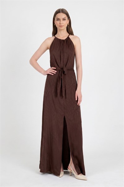 Kahve Yırtmaçlı Desenli Elbise 251656