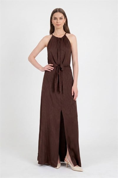 Kahve Yırtmaçlı Desenli Elbise 251656