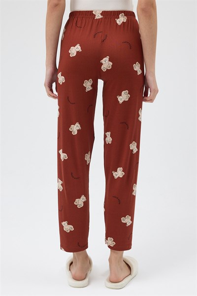 Kahverengi Ayıcık Desenli Lastik Bel Kadın Pijama Altı 4534