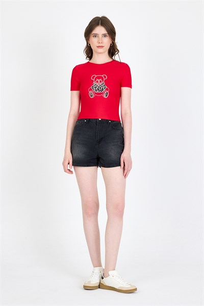 Kırmızı Ayıcık Baskılı Leopar Detaylı Slim Fit Crop Tişört 0549