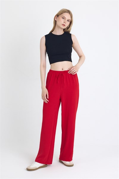 Kırmızı Beli Lastikli Bol Paça Dokuma Pantolon 4284-1