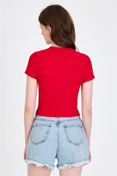 Kırmızı Bisiklet Yaka Taş İşleme Detaylı Slim Fit Crop Tişört 1149