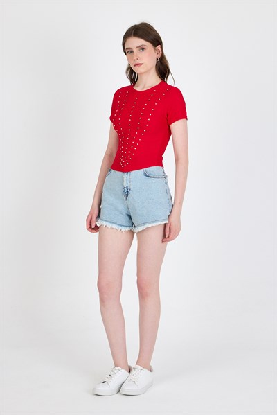 Kırmızı Bisiklet Yaka Taş İşleme Detaylı Slim Fit Crop Tişört 1149