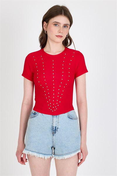 Kırmızı Bisiklet Yaka Taş İşleme Detaylı Slim Fit Crop Tişört 1149