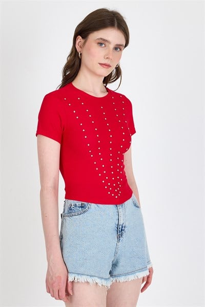 Kırmızı Bisiklet Yaka Taş İşleme Detaylı Slim Fit Crop Tişört 1149