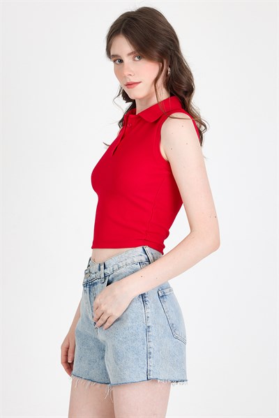 Kırmızı Düğmeli Polo Yaka Sıfır Kol Örme Bluz 2219