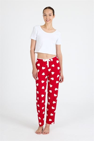 Kırmızı Kalp Desenli Örme Pijama Altı 4522