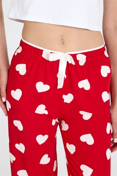 Kırmızı Kalp Desenli Örme Pijama Altı 4522