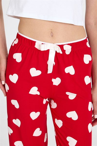 Kırmızı Kalp Desenli Örme Pijama Altı 4522