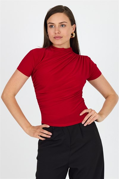 Kırmızı Kısa Kol Büzgülü Sandy Bluz 2417