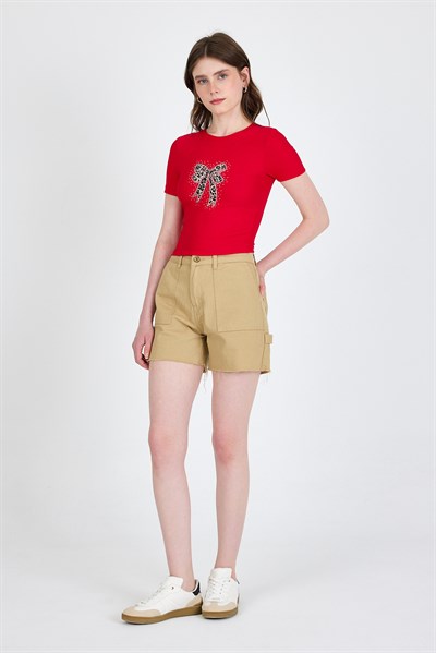 Kırmızı Leopar Fiyonk Baskılı Taş Detaylı Slim Fit Crop Tişört 0549-1