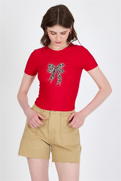 Kırmızı Leopar Fiyonk Baskılı Taş Detaylı Slim Fit Crop Tişört 0549-1