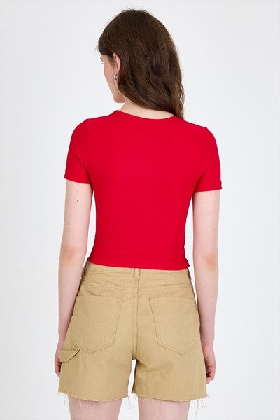 Kırmızı Leopar Fiyonk Baskılı Taş Detaylı Slim Fit Crop Tişört 0549-1
