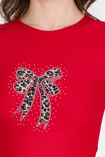 Kırmızı Leopar Fiyonk Baskılı Taş Detaylı Slim Fit Crop Tişört 0549-1
