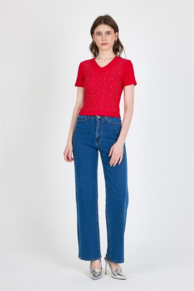 Kırmızı Taş İşleme Detaylı V Yaka Slim Fit Tişört 0949