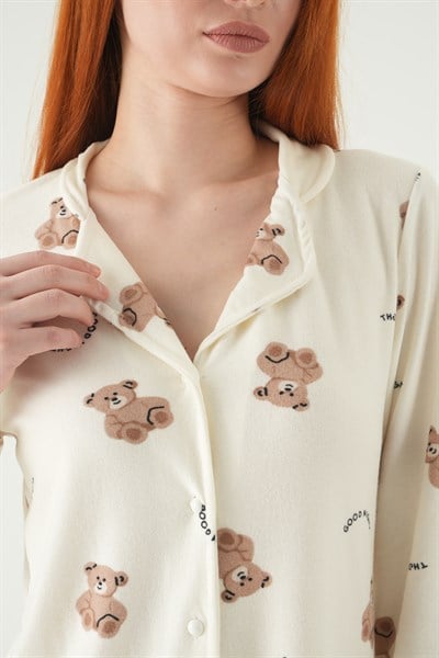 Krem Ayıcık Desen Düğmeli Pijama Takımı 3421